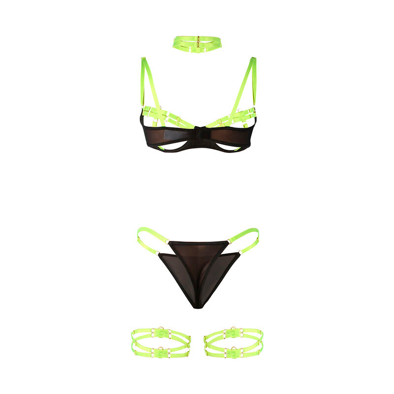 COMPLETO REGGISENO CON COLLANA E DETTAGLI GAMBA VERDE FLUORESCENTE S/M