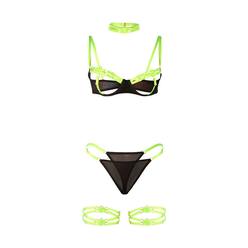 COMPLETO REGGISENO CON COLLANA E DETTAGLI GAMBA VERDE FLUORESCENTE S/M